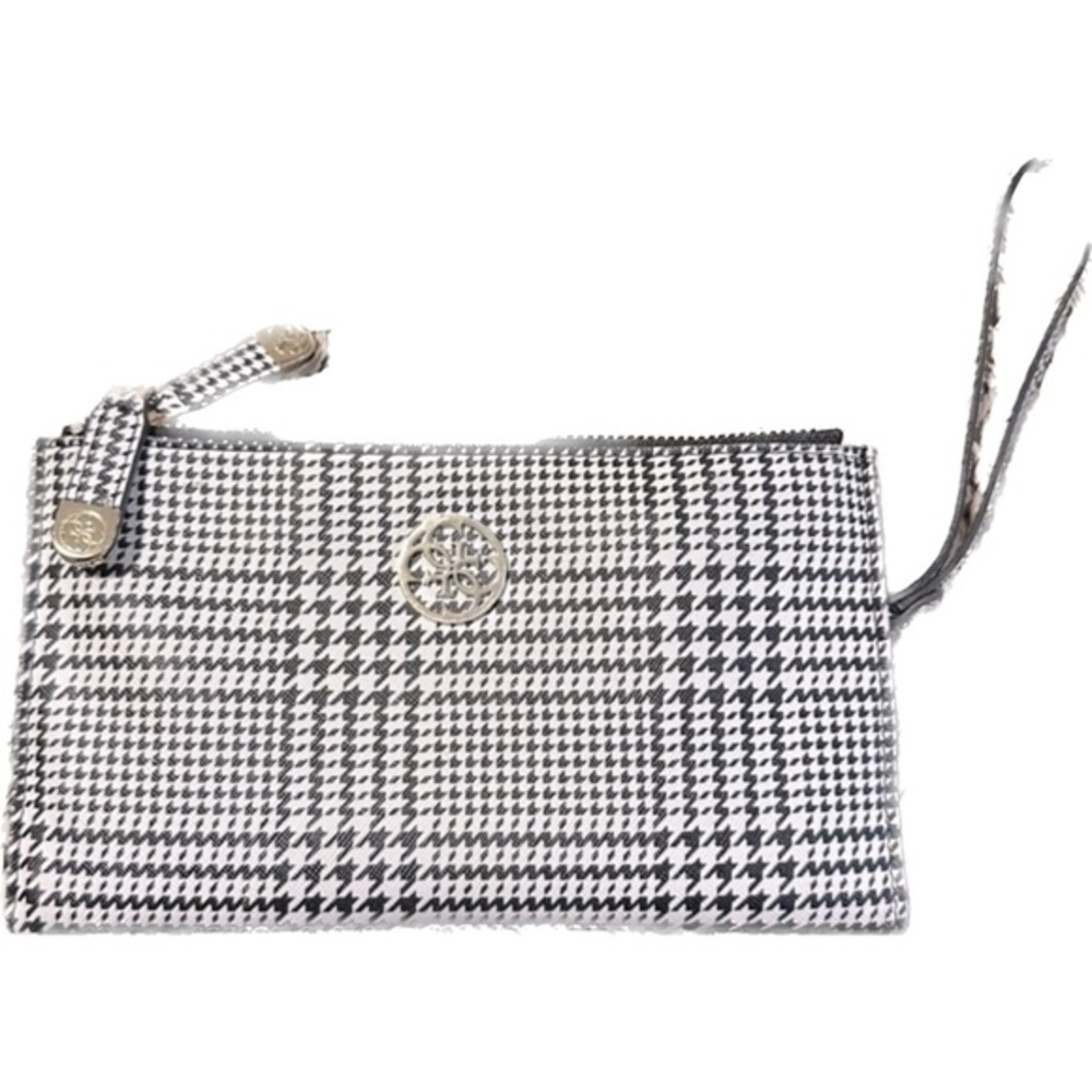 Women’s houndstooth print wristlet clutch in black and white and gold zippers